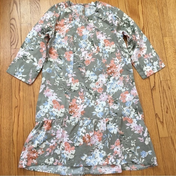 J. Jill 100%  Linen  Floral Ruffle Hem 3/4 long sleeves Crew Neck Relaxed Dress - Picture 15 of 16